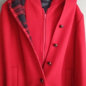 Weatherwell Red Plaid Lined Hooded Wool Blend Coat Size 10
